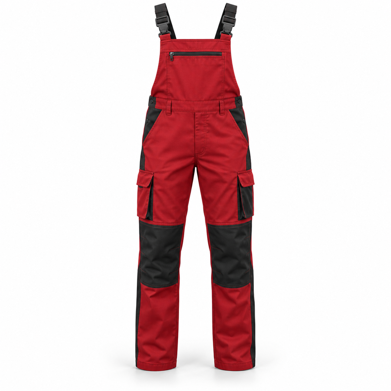 Red-Black Industrial Bib Overalls – Front | Liberty Edge Industries