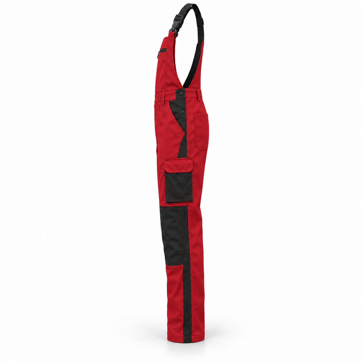 Red-Black Industrial Bib Overalls – Side | Liberty Edge Industries