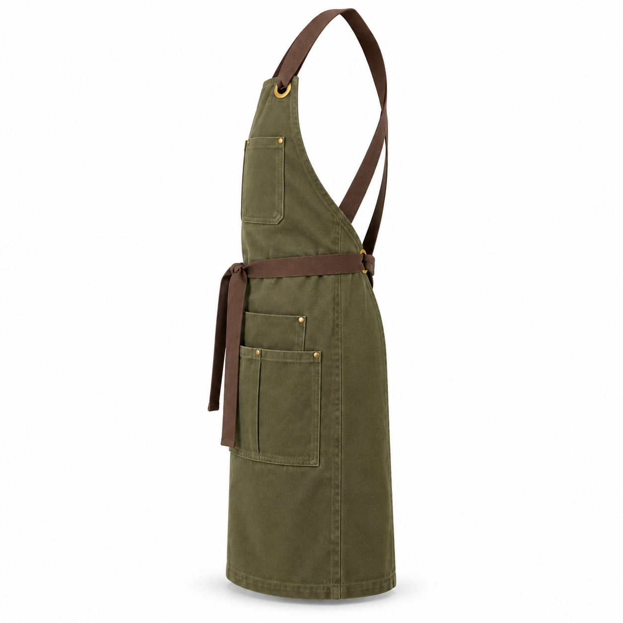 Olive Cross-Back Workshop Apron – Side | Liberty Edge Industries