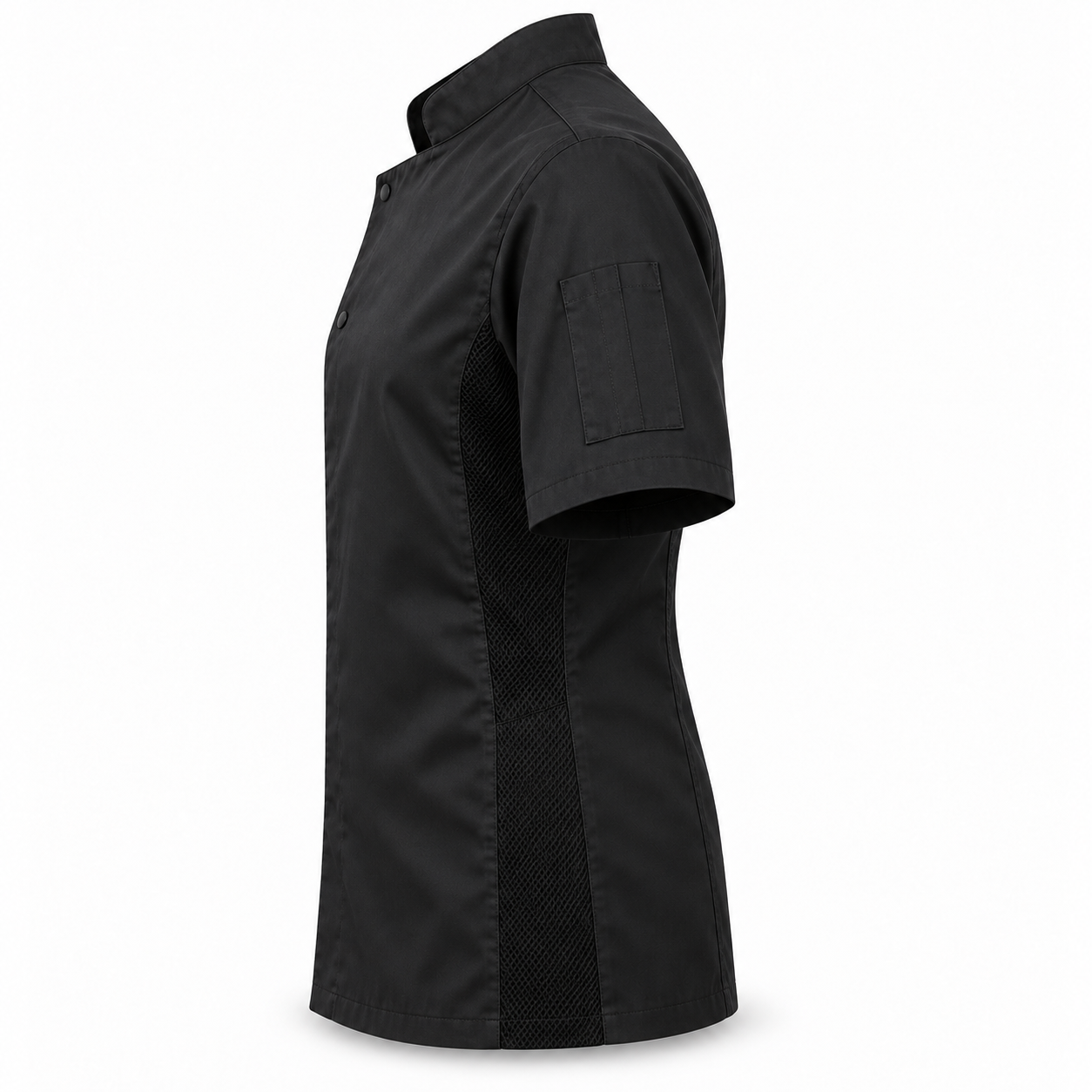 Black Short-Sleeve Chef Jacket – Side | Liberty Edge Industries
